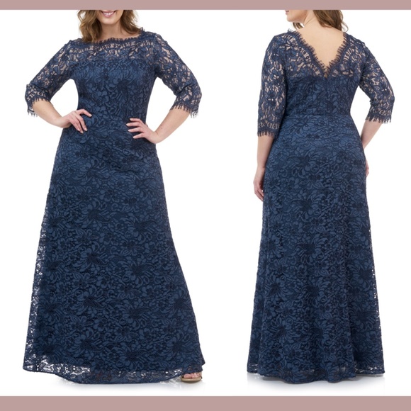 NWT JS Collections [ PLUS 22W ]‎ Bateau Neck Lace Gown In Mineral Blue - Picture 1 of 12